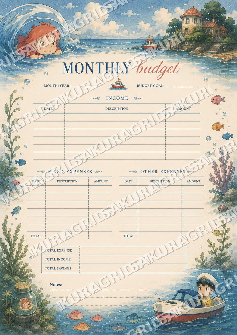 May include: Watercolor-style monthly budget planner with an ocean theme. Features illustrations of a girl in a bubble, a boat, fish, and a seaside house. Includes sections for income, expenses, and savings.