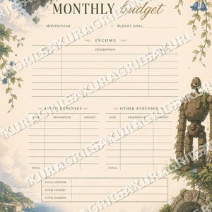 May include: A fantasy-themed monthly budget planner with illustrations of a floating island, a robot, and a coastal landscape. The planner includes sections for income, expenses, and savings, with the title "MONTHLY budget" at the top.