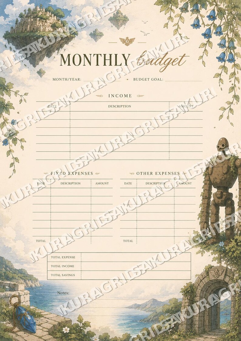 May include: A fantasy-themed monthly budget planner with illustrations of a floating island, a robot, and a coastal landscape. The planner includes sections for income, expenses, and savings, with the title "MONTHLY budget" at the top.