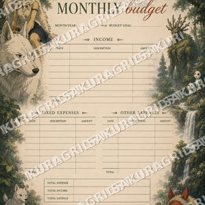 May include: A beige monthly budget planner with illustrations from a fantasy anime. The planner features a forest scene with characters, wolves, and waterfalls. Text includes "MONTHLY budget", "INCOME", and "EXPENSES".