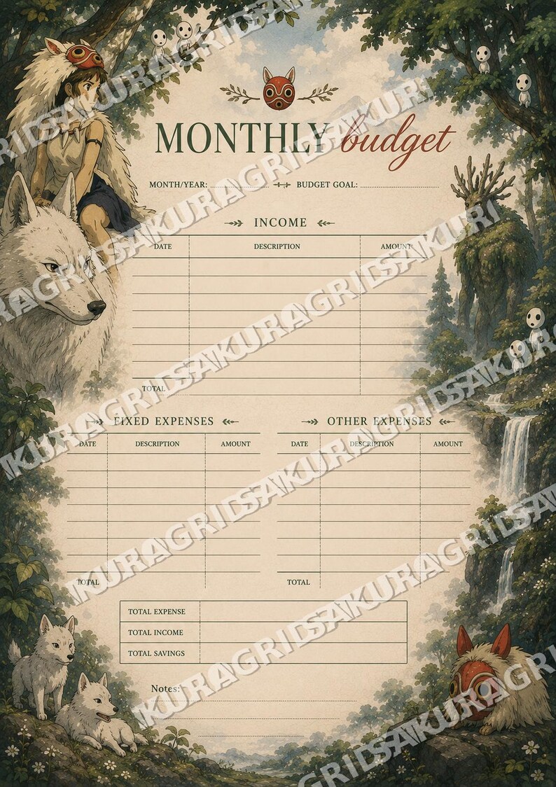 May include: A beige monthly budget planner with illustrations from a fantasy anime. The planner features a forest scene with characters, wolves, and waterfalls. Text includes "MONTHLY budget", "INCOME", and "EXPENSES".