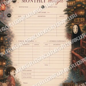 May include: A beige monthly budget planner with a Japanese anime theme. The planner features illustrations of characters and buildings from the movie Spirited Away. Includes sections for income, expenses, and notes.