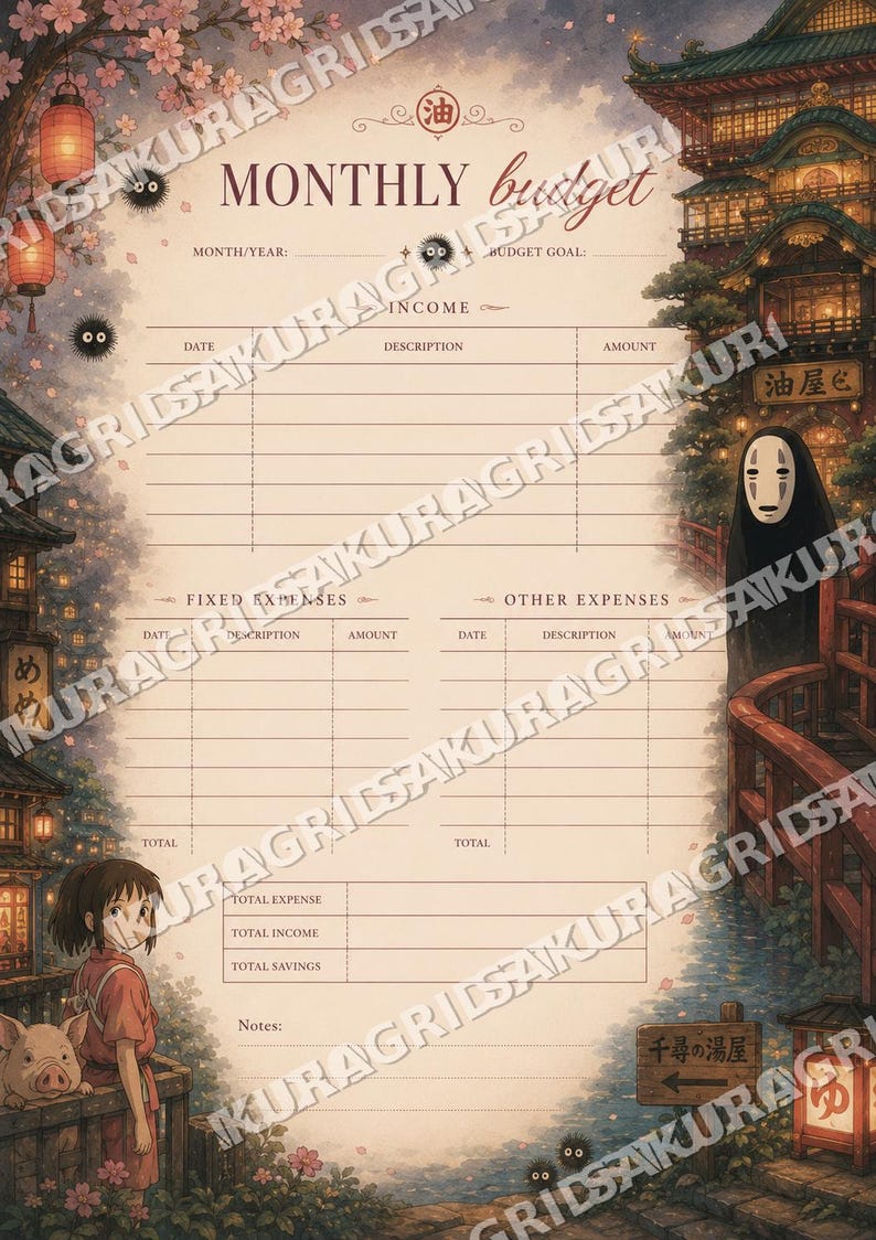 May include: A beige monthly budget planner with a Japanese anime theme. The planner features illustrations of characters and buildings from the movie Spirited Away. Includes sections for income, expenses, and notes.