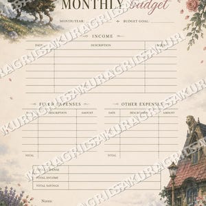 May include: A beige monthly budget planner with a whimsical illustration of a moving castle and floral accents. The planner includes sections for income, expenses, and savings, with space for notes. The text "MONTHLY Budget" is at the top.