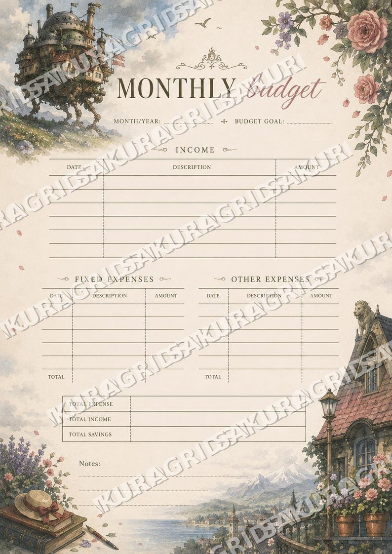 May include: A beige monthly budget planner with a whimsical illustration of a moving castle and floral accents. The planner includes sections for income, expenses, and savings, with space for notes. The text "MONTHLY Budget" is at the top.