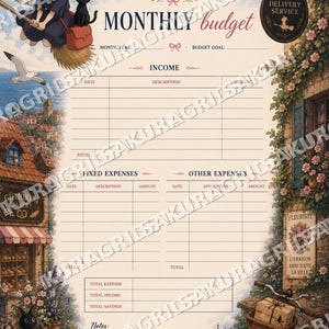 May include: A whimsical monthly budget planner featuring a young witch on a broom with a black cat, a seaside town scene, and floral accents. Includes sections for income, expenses, and savings, with the text "Monthly Budget".