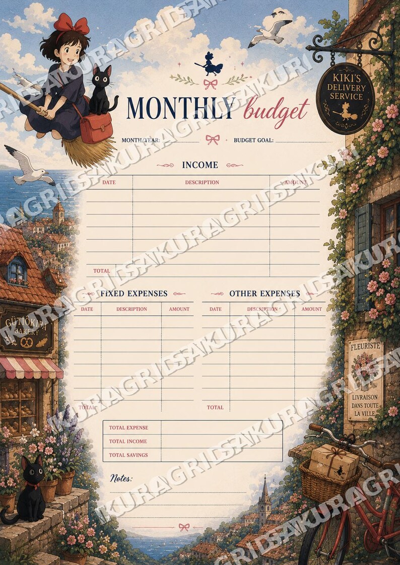 May include: A whimsical monthly budget planner featuring a young witch on a broom with a black cat, a seaside town scene, and floral accents. Includes sections for income, expenses, and savings, with the text "Monthly Budget".