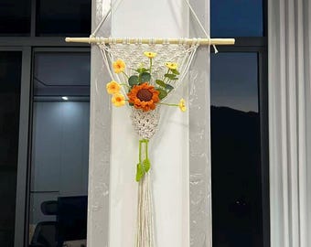 Tapiz de pared de macramé con girasol de ganchillo, tapiz floral bohemio hecho a mano, 60 x 30 cm