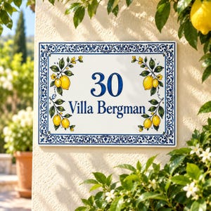 Puede incluir: Una placa de casa rectangular de cerámica con fondo blanco y borde decorativo azul. La placa presenta el número 30 y el texto Villa Bergman en letras azules, acentuado por ilustraciones de limones amarillos y hojas verdes.