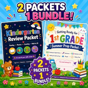 May include: A bundle of two educational workbooks featuring a dark blue Kindergarten Review Packet and a light blue Getting Ready for 1st Grade Summer Prep Packet. Both covers display colourful text, cartoon illustrations of bears, apples, and school supplies.