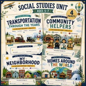 Op de afbeelding: Een set van vier educatieve maatschappijleer-pakketten voor 5- tot 7-jarigen, getiteld Transportation Through the Years, Community Helpers, My Neighborhood en Homes Around the World, voorzien van kleurrijke illustraties van voertuigen en gebouwen.