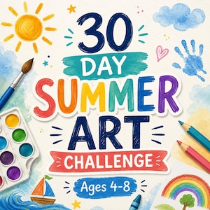 May include: A vibrant illustration advertising a "30 Day Summer Art Challenge" for children aged 4-8. The design features a sun, clouds, handprints, a sailboat, and art supplies. The text is in multiple colours.