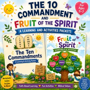 May include: A learning and activity packet set titled The 10 Commandment and Fruit of the Spirit for ages 5-7. The cover features illustrations of stone tablets, a tree with heart-shaped fruit, a child, and religious figures with text.