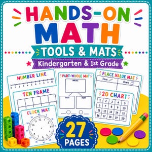 Puede incluir: Un conjunto de materiales educativos de matemáticas con el texto HANDS-ON MATH TOOLS & MATS Kindergarten & 1st Grade. Incluye una recta numérica, un marco de diez, una alfombrilla de parte-todo, una alfombrilla de valor posicional, una tabla del 20, una alfombrilla de reloj, cubos de plástico coloridos y un lápiz amarillo.