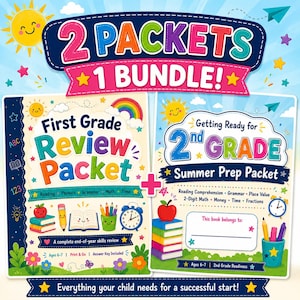 May include: A bundle of two educational packets featuring a First Grade Review Packet and a Getting Ready for 2nd Grade Summer Prep Packet. The covers display colourful illustrations of books, apples, pencils, and clocks with text for ages 6-7.