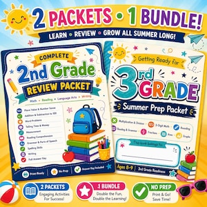 May include: Two educational workbooks titled Complete 2nd Grade Review Packet and Getting Ready for 3rd Grade Summer Prep Packet. The covers feature colourful illustrations of a backpack, stacked books, pencils, and apples with text detailing subjects like maths, reading, and writing.