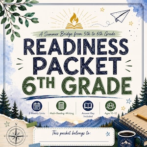 Peut inclure: Une couverture de livret éducatif carrée intitulée A Summer Bridge from 5th to 6th Grade Readiness Packet 6th Grade. Elle présente des illustrations de montagnes, d'arbres, d'une boussole et d'un avion en papier. Des icônes indiquent 6 unités hebdomadaires, mathématiques, lecture, écriture, un corrigé et les âges 10-12. Un espace est prévu pour un nom.