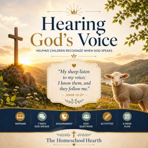Puede incluir: Un gráfico digital titulado Hearing God's Voice, Helping Children Recognize When God Speaks. Incluye una cruz de madera, un cordero y el texto de Juan 10:27. Los iconos representan las secciones: Reframe, 7 Ways God Speaks, Discernment, Kids' Questions, Activities, 4-Week Plan.
