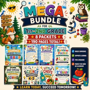 May include: A Mega Bundle for 1st-2nd Grade educational packet set featuring 8 packets and 190 pages total. The design includes illustrations of a fox, an owl, a sun, a microscope, and various school subjects like math, spelling, and science.