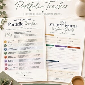 May include: Homeschool portfolio tracker with the text "The Complete Homeschool Portfolio Tracker." The pages include sections for student profiles, attendance logs, curriculum overviews, and project tracking. A cup of coffee and a notebook are also visible.