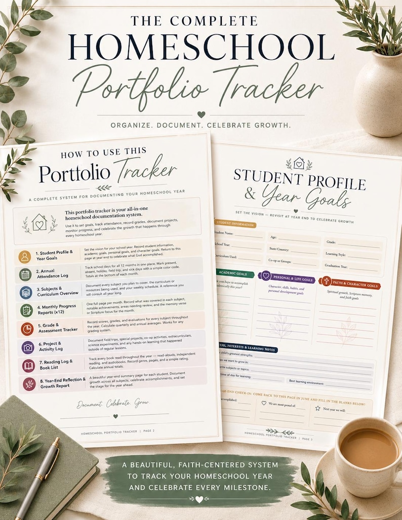 May include: Homeschool portfolio tracker with the text "The Complete Homeschool Portfolio Tracker." The pages include sections for student profiles, attendance logs, curriculum overviews, and project tracking. A cup of coffee and a notebook are also visible.