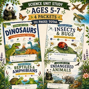 May include: A science unit study set for ages 5-7 containing 4 packets and 111 pages total. The covers feature illustrations of dinosaurs, insects, bugs, reptiles, amphibians, and endangered animals with text labels for reading, vocabulary, and activities.