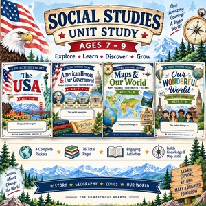 May include: A Social Studies Unit Study educational packet set for ages 7-9, featuring four distinct booklets titled The USA, American Heroes & Our Government, Maps & Our World, and Our Wonderful World, with illustrations of eagles, flags, and maps.