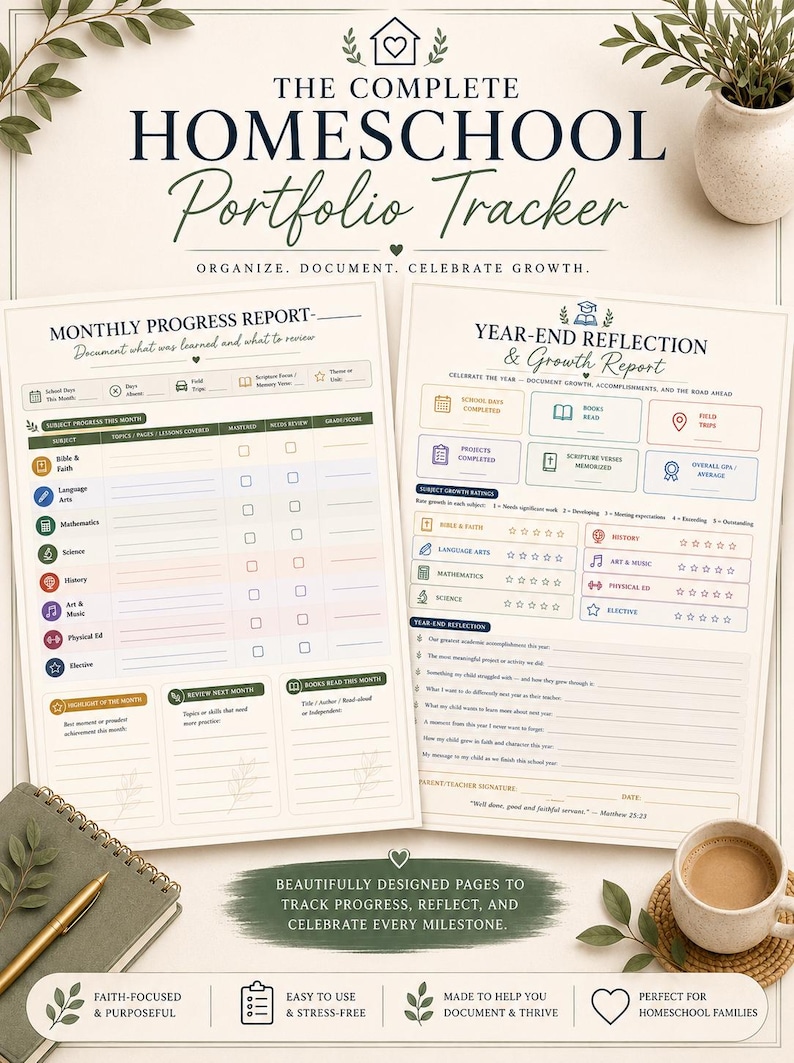 May include: Homeschool portfolio tracker with monthly and yearly progress reports. Includes sections for subjects, topics, and reflections. Features a notebook, pen, and a cup of coffee. The text reads: "Organise, Document, Celebrate Growth."