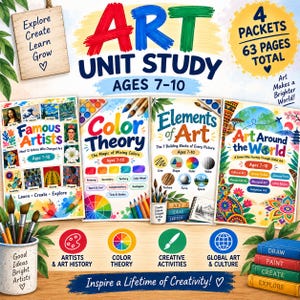 Puede incluir: Un conjunto de estudio de arte para edades de 7 a 10 años con cuatro paquetes educativos titulados Famous Artists, Color Theory, Elements of Art y Art Around the World. Incluye un bote con pinceles y una pila de cuatro libros con Draw, Paint, Create, Explore.