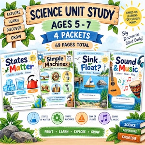 Peut inclure: Un ensemble d'étude scientifique pour les 5-7 ans comprenant 4 livrets et 69 pages au total. Les livrets sont intitulés States of Matter, Simple Machines, Sink or Float et Sound & Music. La couverture présente des illustrations et du texte.
