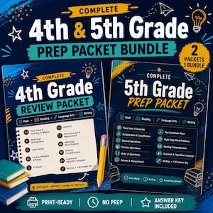 Puede incluir: Un paquete completo de preparación para 4º y 5º grado que incluye dos cuadernos de ejercicios. El paquete de repaso de 4º grado y el paquete de preparación de 5º grado cubren materias como matemáticas, lectura y escritura.