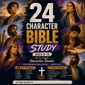 Peut inclure: Couverture d'un livre d'étude biblique intitulé "24 Character Bible Study" pour les âges 9-13. La couverture présente des illustrations de personnages bibliques et répertorie les personnages de l'Ancien et du Nouveau Testament. Le livre est destiné aux croyants en croissance.