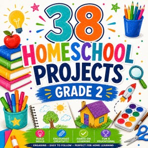 Op de afbeelding: Kleurrijke illustratie die 38 Homeschool Projects voor groep 2 promoot. De afbeelding bevat een gloeilamp, appel, boeken, potloden, stiften, een huis, een raket en een aquarelpalet. Tekst bevat "Vaardigheden opbouwen", "Creativiteit stimuleren".
