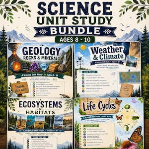 May include: A science unit study bundle for ages 8-10 featuring four educational guides: Geology Rocks & Minerals, Weather & Climate, Ecosystems & Habitats, and Life Cycles. Each guide includes illustrated lessons, quizzes, and activity logs.