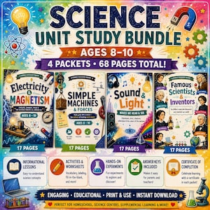 Peut inclure: Un ensemble d'étude scientifique pour les 8-10 ans, comprenant 4 paquets et 68 pages au total. Il inclut l'électricité et le magnétisme, les machines simples et forces, le son et la lumière, ainsi que des scientifiques et inventeurs célèbres.