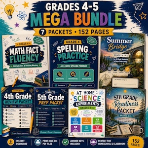 May include: A digital educational bundle for grades 4-5 containing 7 packets and 152 pages. The collection includes workbooks for maths fact fluency, spelling practice, summer bridge activities, 4th and 5th grade review, and science experiments.