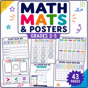 May include: A collection of educational math mats and posters for grades 2-5, featuring 43 pages of printable resources including place value, fraction circles, multiplication tables, comparing numbers, long division, and decimal place value charts.