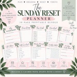 Könnte beinhalten: Ein 10-seitiges druckbares Planer-Set mit dem Titel The Sunday Reset Planner im A4-Format, mit rosa-weißem Hintergrund, grünen Blattmotiven und Abschnitten für Essensplanung, Gewohnheitsverfolgung und Aufgaben zur Haushaltsorganisation.