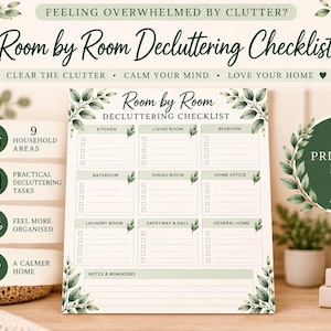 May include: A Room by Room Decluttering Checklist printable page featuring a grid layout for nine household areas including kitchen, living room, and bedroom. The document has green leaf accents, checkboxes, and a section for notes and reminders.