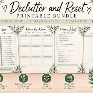 May include: A printable declutter and reset bundle featuring four pages: a 30-day decluttering challenge, a room-by-room cleaning checklist, a home reset checklist, and a monthly cleaning schedule, all decorated with green leaf illustrations.