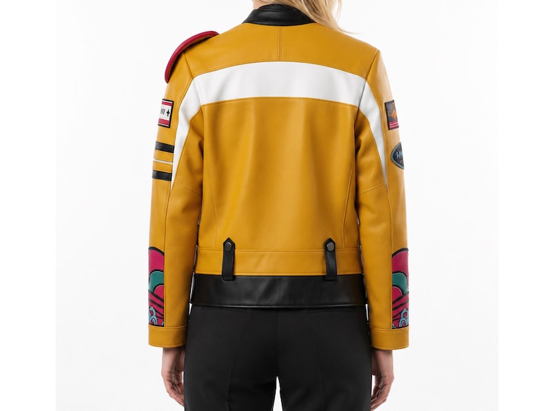 May include: A mustard yellow jacket with a black collar and hem, featuring a horizontal white stripe across the back. The sleeves display colorful graphic patterns, patches, and black stripes. Two black tabs with buttons are positioned at the waist.