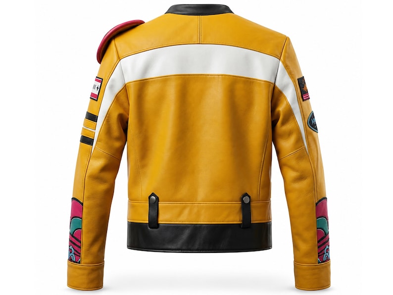 May include: A mustard yellow leather jacket featuring a black collar, a horizontal white stripe across the back, and a black hem with two snap-button tabs. The sleeves include red, teal, and white graphic accents, with patches on the shoulders.