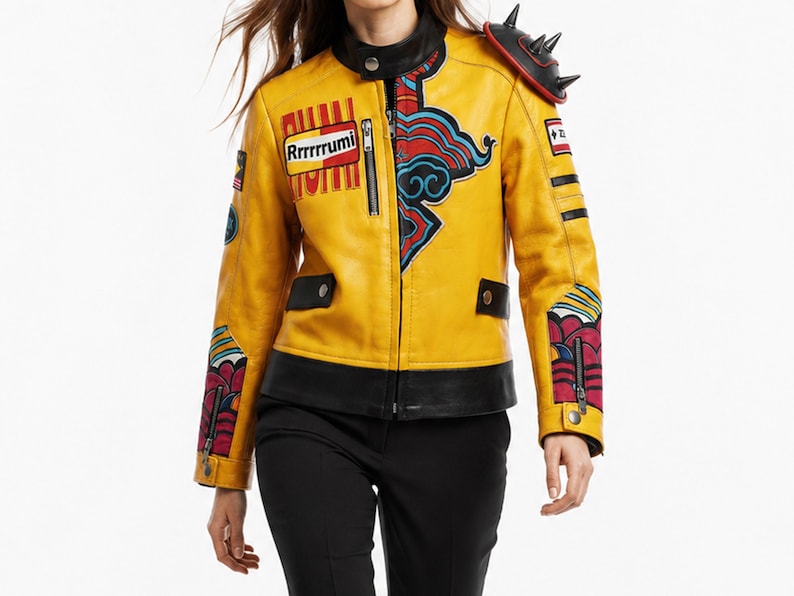 May include: A yellow jacket with black leather trim, a stand-up collar, and a spiked shoulder pad. The jacket features colorful embroidered patches, including one with the text Rrrrrrumi, and decorative patterns on the sleeves and chest.