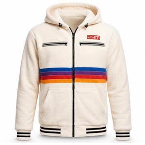 May include: A cream-colored fleece zip-up hoodie featuring a horizontal stripe pattern in blue, purple, and orange across the chest. The garment includes a black front zipper, two zippered chest pockets, and a red rectangular patch with the text PHM.