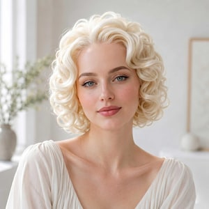 May include: A shoulder-length wig featuring voluminous, tight platinum blonde curls with a side part. The hair has a soft, layered texture that frames the face, showcasing a bright, light-toned color throughout the entire style.