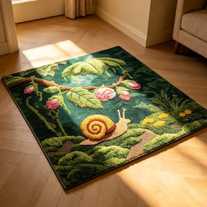 May include: A square tufted rug featuring a garden scene with a snail in the foreground. The design includes a yellow and orange snail, green foliage, brown branches, and pink flowers on a dark green background with small yellow floral accents.
