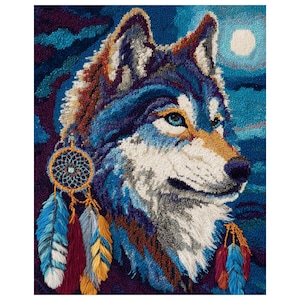 Wolf-Tierknüpfset zum Selbermachen, 55 x 75 cm, Stickset, vorgedrucktes Set für Erwachsene, Anfängerfreundlich, Heimteppich