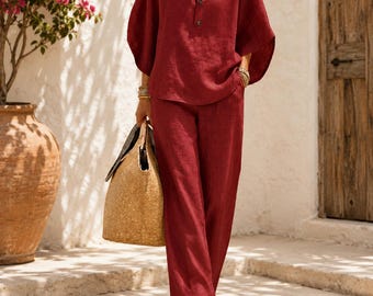 Cotton Lounge Set, Loose Fit Matching Outfit, Wide Leg Pants, Boho Summer Co-Ord