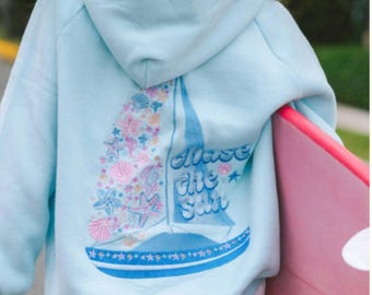 Chase The Sun Sailboat Hoodie | Coastal Beach Graphic Polyester Pullover
