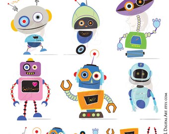 cute robots clipart gray robots perfect to make birthday etsy